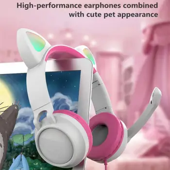 Nový Produkt ZW-058 Ružová Mačka Ucho Roztomilý Dievča Herné LED Headset S Mikrofónom na Zníženie Hluku Bluetooth-kompatibilné RGB Káblové Slúchadlá