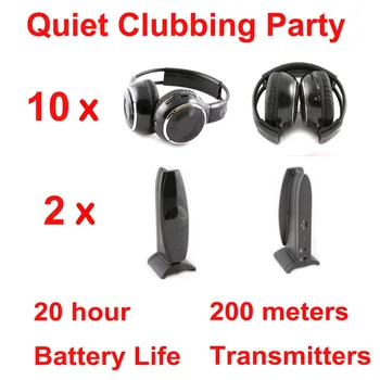 Silent Disco súťažiť systém čierna skladacie bezdrôtové slúchadlá - Tichý Klubov Strán Zväzok (10 Slúchadlá + 2 Vysielače)