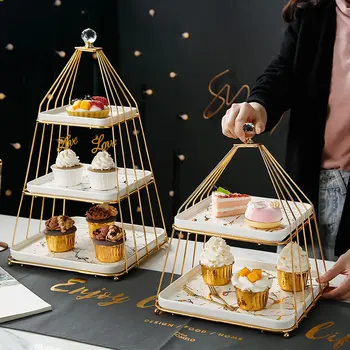 Európsky štýl svetlo luxusné double-layer tri vrstvy ovocia stoja keramické tortu svadobné displeja, stojan dezert tabuľka zásobník polica