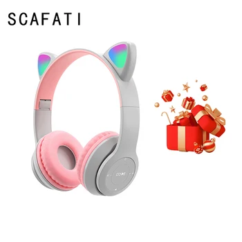 SCAFATI Cute Cat Bezdrôtový Deti Slúchadlá S Mikrofónom Stereo PC Gamer Headsety Pre Dievčatá, Deti Herné Slúchadlá Bluetooth