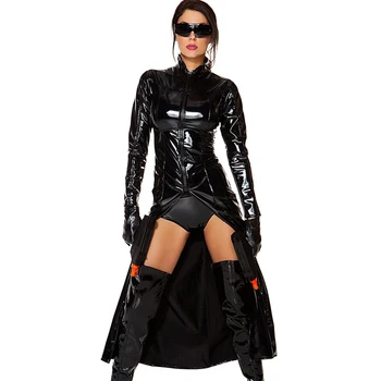 Gotický Sexi Kožený Kostým Ženy Black Wetlook Vinyl Kožené Výkopu Clubwear Dlhý Rukáv Novetly Sexy Klub Party Šaty