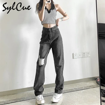 Sylcue Jeseň priamo-prostredníctvom roztrhané džínsy vintage Bežné a univerzálne oblečenie pre street wear výber módne dievčatá