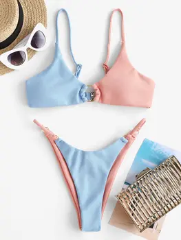 ZAFUL Farebný Blok O-krúžok Textúrou Bikini Set Sexy Nízkym Pásom Kravatu Špagety Popruhy 2021 Žena Pláži Plavky Biquni