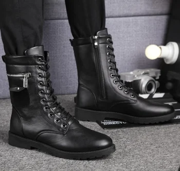 Zimné pánske kožené topánky na zips vojenské topánky krajky-up punk motocykel topánky