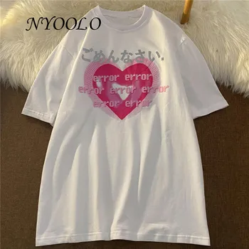 NYOOLO Harajuku Japonský Sladká Láska Srdce Listov Tlač Krátke Sleeve T-Shirt Ženy Oblečenie Lete O-Krku Pulóvre Kawaii Čaj