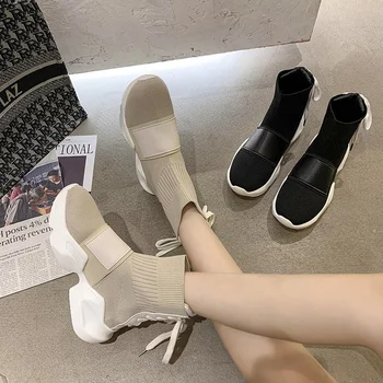 Ponožky topánky späť čipky žena 2021 jar a v lete nové priedušná hrubé-soled príležitostné športové strečové tkaniny krátke topánky, tide