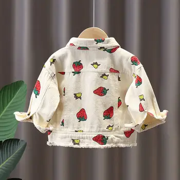 Baby Kabát Dievča Denim Jacket Bavlna Dlhým Rukávom Šaty Cute Strawberry Girl Vonkajší Plášť Dieťa jeans detské Bunda 9 M,-6T