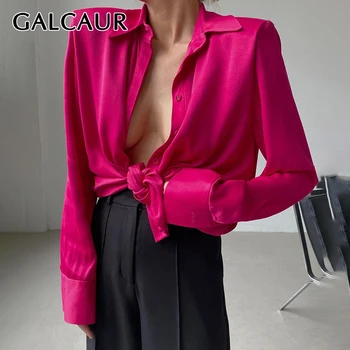 GALCAUR Ružovú Sexy Tričká Ženy Klope Golier Dlhý Rukáv Minimalistický Pevné Tlačidlo Hore Tričko Ženské Módne Oblečenie 2021 Lete Nové