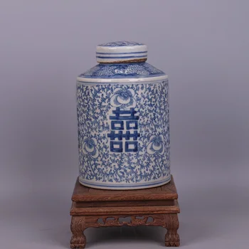 Modrej A Bielej Štyri Šťastie Charakter Vzor Čaj Jar Starožitné Dekoračné Porcelánu Jingdezhen Čaj Caddy Zber