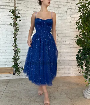 Lesk Kráľovská Modrá Hviezdna Tylu Čaj Dĺžka Šiat Prom 2022 Vestido de Formatura Skromné Lacné Svadobné Party Šaty, Sexy Večer