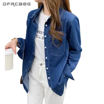 Streetwear Deep Blue Denim Tričko Pre Ženy 2021 Jesenné Vinobranie Dámy Top Dlhé Sleeeve Blúzky-Jeans Oblečenie Pre Ženy