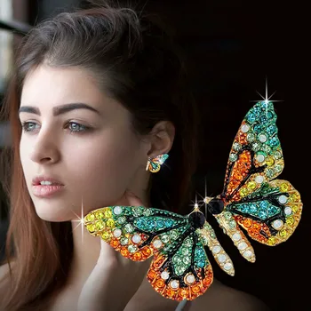 Európa A Amerika Elegantné Farebné Drahokamu Krištáľové Krídlo Motýľa Stud Náušnice Pre Ženy Fashion Party orecchini Brincos