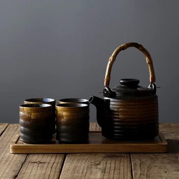 Japonský štýl kanvica lúče jeden hrniec štyri šálky jednoduché keramické office domácnosti tvorivé čaj nastaviť teacup dreva dosky zásobník teaware