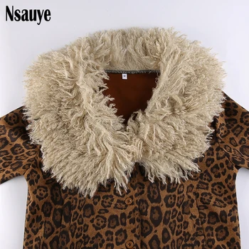 Nsauye Patchwork Leopard Tlač Hnedé Umelú Kožušinu Zase Dole Golier Bundy Outwear Žena Vintage Parkas Kabát Ženy Zimné 2021