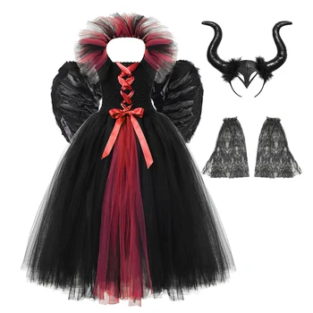 Halloween Dievčatá Princess Tutu Šaty Maleficent Čierny Diabol S Pierko Šatkou Cosplay Kostým Fantázie Deti Zlá Kráľovná Šaty