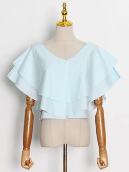 TWOTWINSTYLE kórejský Módne Pevné Tričko Pre Ženy V Krku Krátky Rukáv Prehrabať Výbava Minimalistický Blúzky Ženské Oblečenie v Štýle Nové