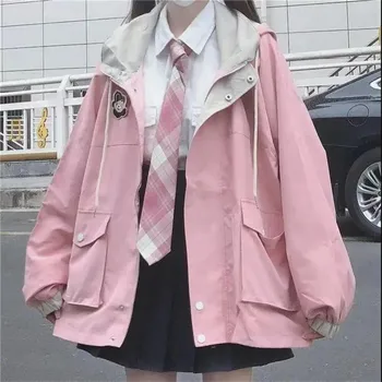 Japonský Kawaii Zips Ružová Žena Bunda 2021 Kórejský Farby Zodpovedajúce Vrecká Zimné Oblečenie Voľné Roztomilý Žena Topy Manteau Coats