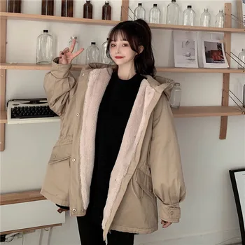 Lucyever 2021 Nové dámske Zimné Plus Zamatový Kabát kórejský Hoodlie Náradie Bavlna Parkas Bunda Ženy Voľné Zahustiť Teplý Kabát