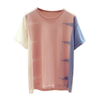 Shintimes Nové Tenké Pletené T Shirt Ženy Oblečenie 2022 Letné Topy Prekladané Patchwork Krátky Rukáv T-Shirt Žena Tee Tričko Femme
