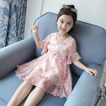 Dievča hanfu oblečenie tvaru svetlice rukáv nové letné 2019 šifón šaty-line pláži kórejský módne šaty, oblečenie modrá ružová dieťa