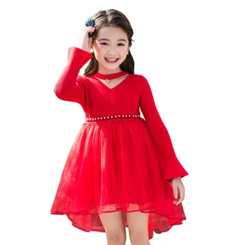 Dospievajúce Dievčatá Elegantné Goth Dresss Tutu Šaty Rebrovaný Bavlnená Perličiek Dlhý Rukáv Strany Dieťa Šaty 4 5 6 8 9 10 Rokov, Červená, Ružová, Modrá