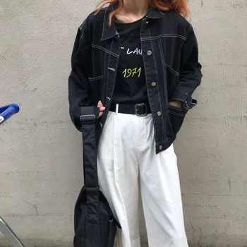 Džínsové Bundy pre Ženy Módne Čierne Singel svojim Tlačidlo Bežné Kabát 2020 Jeseň Nový kórejský Voľné High Street Jean Outwear