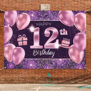Šťastný 12. Narodeniny Banner Pozadie - 12 Narodeninovej Party Dekorácie Dodávky pre Dievčatá - Ružová, Fialová, Zlatá