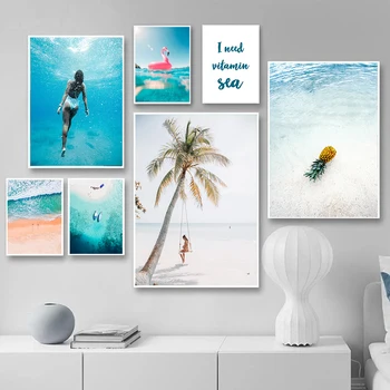 Modrá Seascape Ženy Plávanie Swing Loď Wall Art Plátno Na Maľovanie Nordic Plagáty A Tlačí Fotografie Pre Obývacia Izba Domova