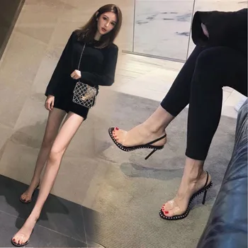 Dámske sandále transparentné vysoké podpätky vysokej kvality stiletto päty dve nosiť sexy čierne stiletto all-zápas topánky dámske