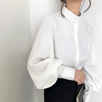 QWEEK Elegantné Blúzky Ženy Biele Tričko Ženy Dlhý Rukáv Tlačidlo Hore Topy Jar 2021 kórejský Štýl, Módne Dámy Vintage Bavlna