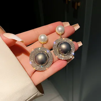 Nové Trendy kórejský Nadrozmerné Gray Pearl Náušnice Kvapka pre Ženy Klasické Zlaté Kolo Crystal Svadobné Náušnice Šperky Darček Strany