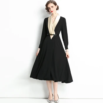 Ženy Zimné Šaty Office Lady Šifón A-LINE BAVLNA Ženy Elegantné Šaty Black Belt Polovici Teľa tvaru 2021 Nové Ženy Šaty