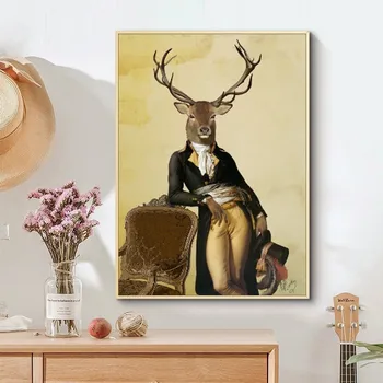 Nordic Vintage Gentleman Abstraktné Jeleň Plátno Maľby Zvierat, Plagáty a Tlačí na Steny Umenie Fotografie pre Obývacej Miestnosti Dekorácie