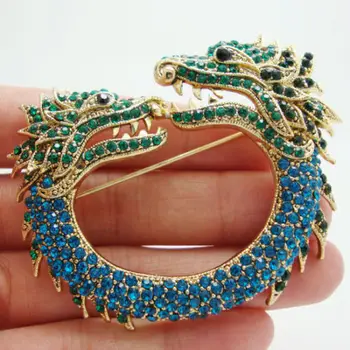 Art Nouveau Dual Kohútik Dragon Zvierat Brošňa Pin Modrá Zelená Drahokamu Crystal