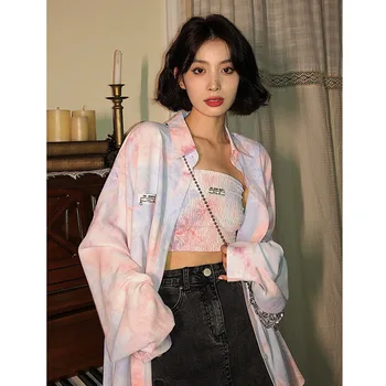 Jeseň Blúzka Kravatu Farbenie Dlhý Rukáv Tričko Ženy Voľné Plus Veľkosť Top kórejský Streetwear Módy Retro Košele pre Ženy
