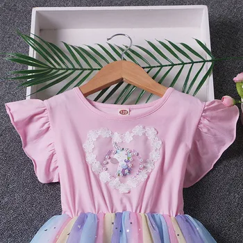 Dievčatá v Lete Princezná Šaty Detí Čipky Rainbow Star Načechraný Gázy Šaty Narodeniny Oblečenie 3-7 Rokov
