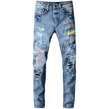 Nový High street fashion zbrusu nový roztrhané džínsy mužskej osobnosti farebný patch úsek slim zoštíhľujúce nohavice nohavice 675